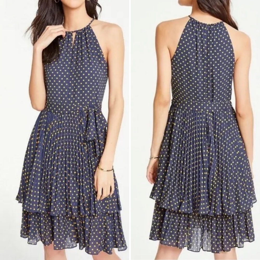 Ann Taylor Halter Neck Polka Dot Tiered Ruffle Pleated Dresss Blue Gold